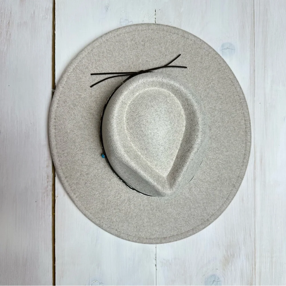 Frye Felt & Faux Leather‎ Embellished Wide Brim Rancher Cowgirl Hat Southwestern - Picture 3 of 12